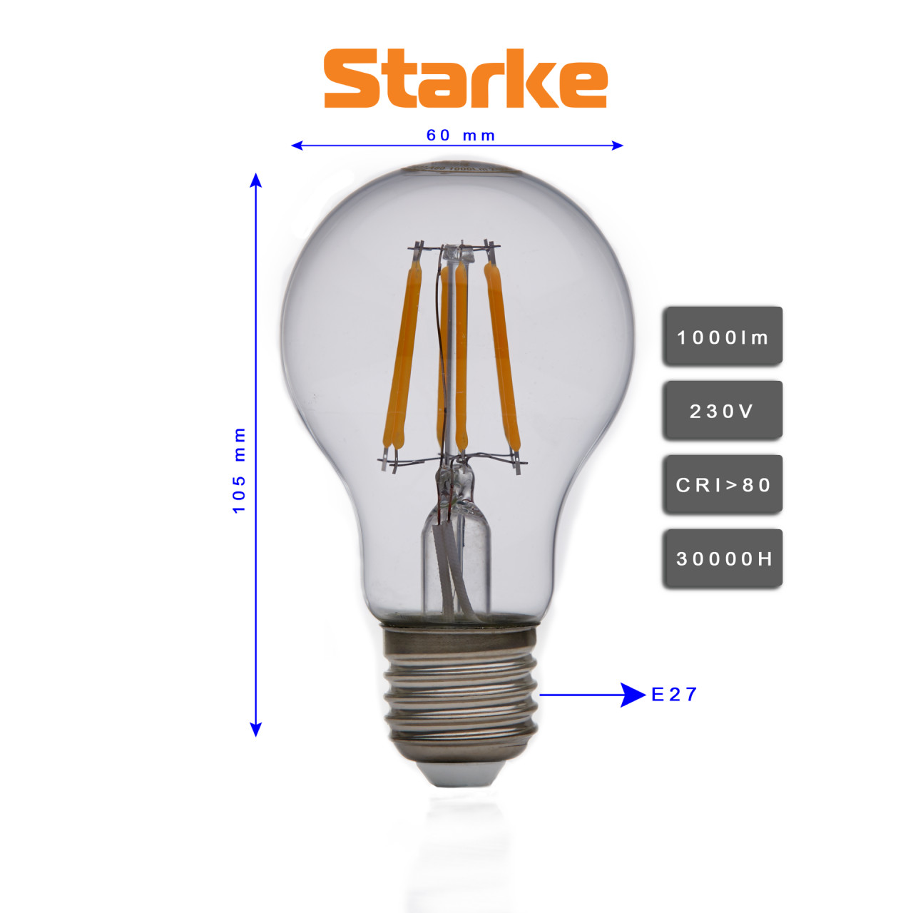 Bec Vintage led cu filament, 10W (80W), E27, 1150 lm, lumina calda(2700 K), Starke