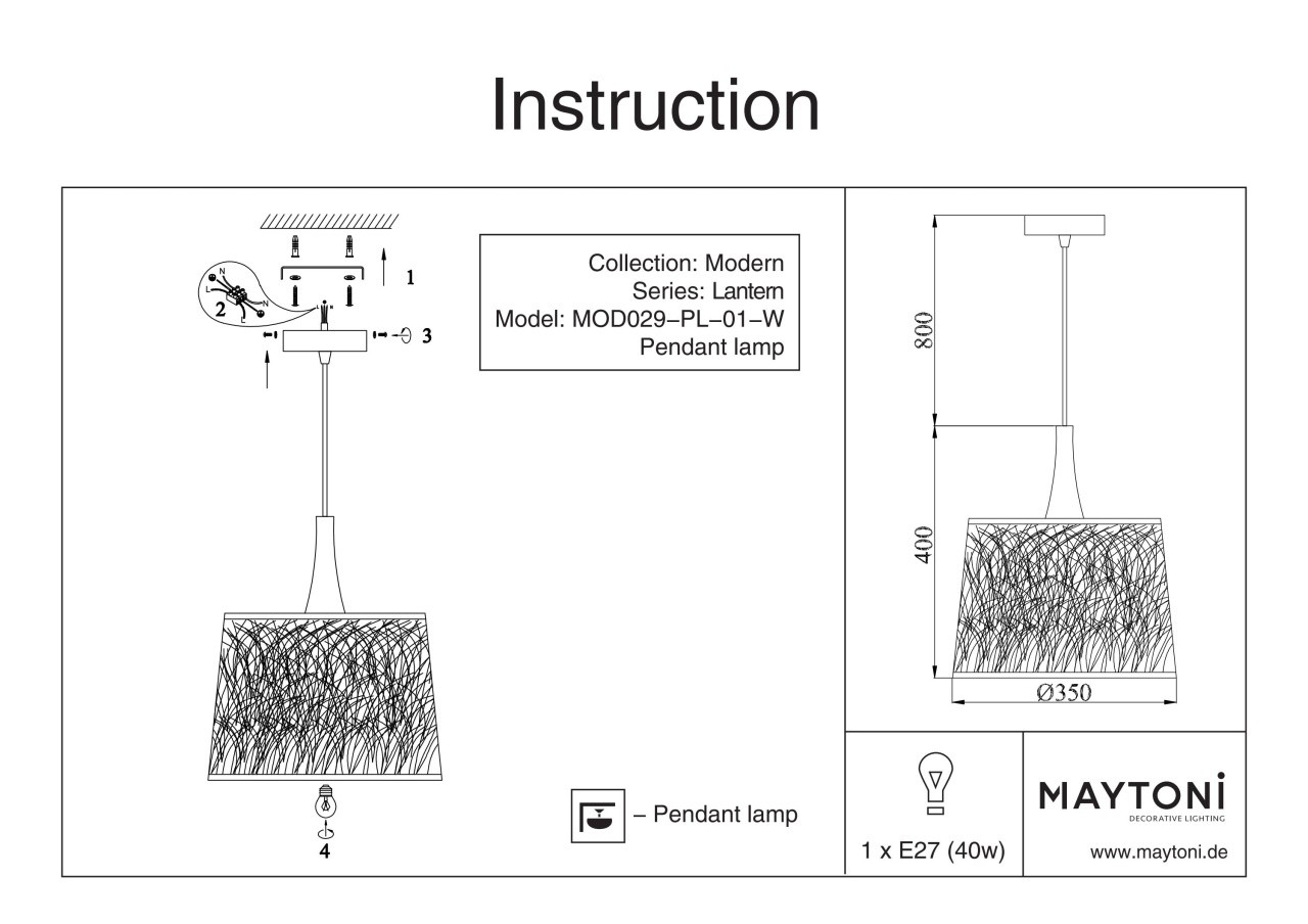 Pendul Lantern MOD029-PL-01-W, 1xE27, alb, IP20, Maytoni