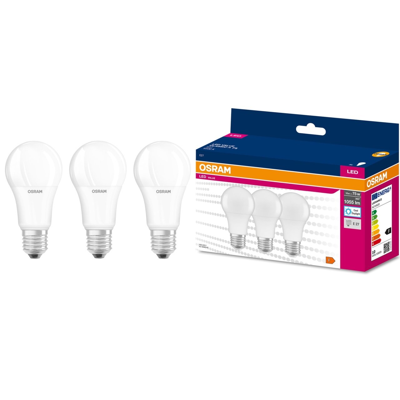 Set 3 becuri led 10W (75W), E27, 1055 lm, lumina rece(6500K), opal, Osram