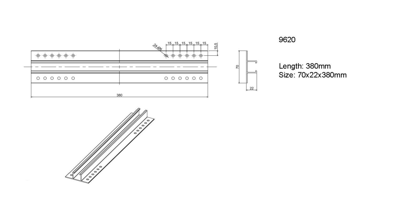 Sina minirail pentru panouri fotovoltaice, 70x22x380 mm, 4 suruburi incluse