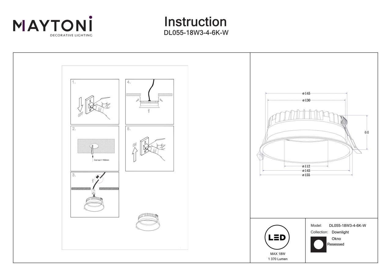 Spot LED 18W Incastrat, Maytoni, 1370lm, Lumina Calda+Neutra+Rece, Alb - 2 | YEO