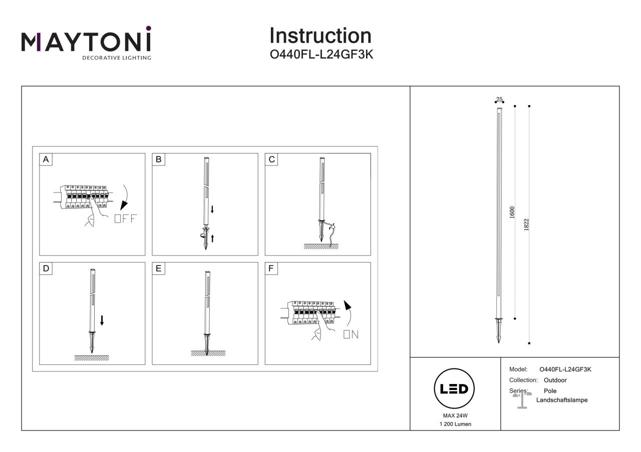 Stalp pentru exterior LED Pole O440FL-L24GF3K, 24W, 1200lm, lumina calda, IP65, grafit, Maytoni - 2 | YEO