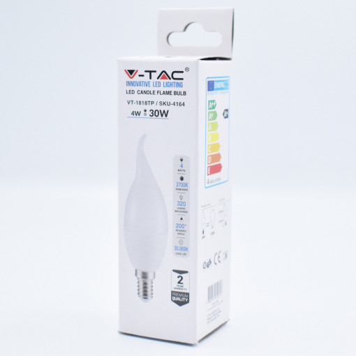 Bec LED 4W(30W) V-TAC flacara, E14, 320 lm, lumina calda (2700 K), clasa energetica F