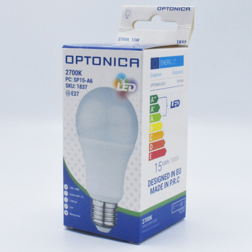 Bec LED opal 15W (90W), E27, 1320 lm, lumina calda (2700 K), Optonica