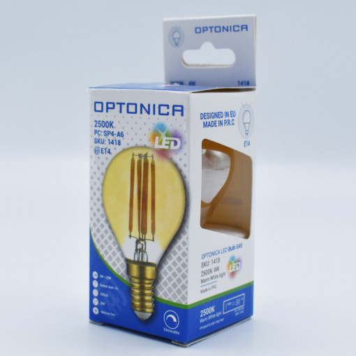 Bec LED sferic Vintage filament Optonica, 4W(30W), E14, G45, 350 lm, lumina calda (2500K), auriu, dimabil, clasa energetica F