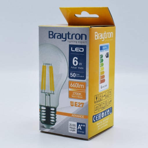 Bec led Vintage filament 6W (50W), E27, A60, 660lm, lumina calda (2700K), clar, Braytron