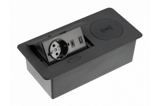 Priza incorporabila dreptunghiulara, 1 priza schuko, 2 USB A, cablu 1.5 m, neagra, incarcare wireless, GTV
