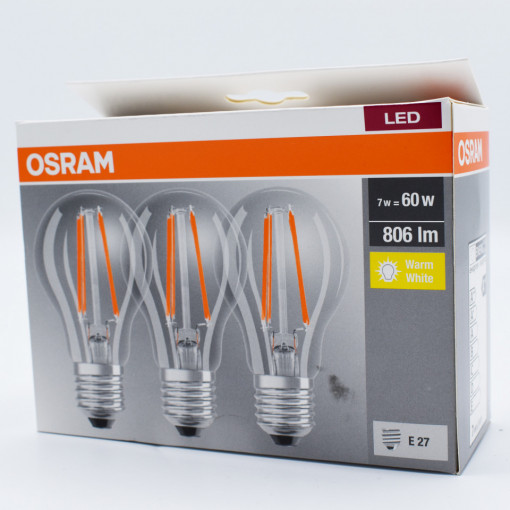 Set 3 becuri led Vintage Filament 7W (60W), E27, A60, 806 lm, lumina calda (2700K), clar, Osram Ledvance