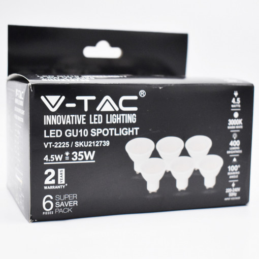 Set 6 becuri LED 4.5W(35W) V-TAC, GU10, 400 lm, lumina calda (3000 K), clasa energetica F