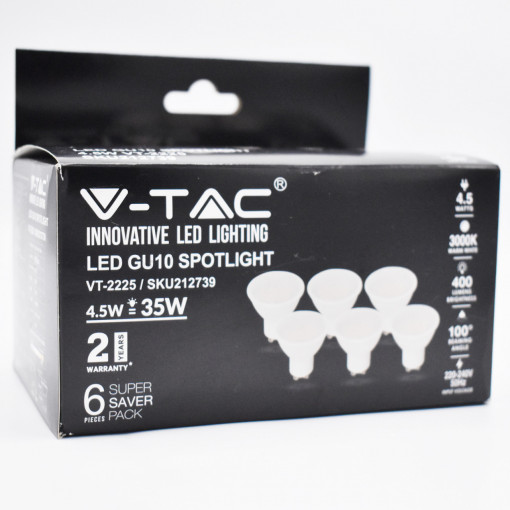 Set 6 becuri LED GU10, 4.5W (35W), 400 lm, lumina calda (3000K), opal, V-TAC