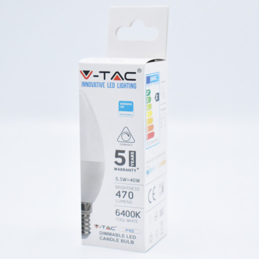 Bec LED 5.5W(40W) V-TAC C37, E14, 470 lm, cip Samsung, lumina rece (6400 K), dimabil, clasa energetica F
