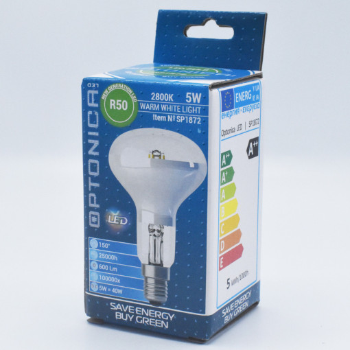 Bec LED R50 filament Optonica, 5W(40W), E14, 600 lm, lumina calda (2700K), clasa energetica E