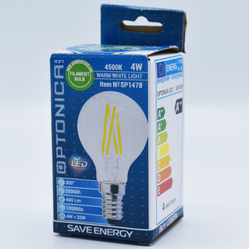 Bec LED Vintage 4W(32W) Optonica, E14, G45, 400 lm, lumina neutra (4500K), clasa energetica F
