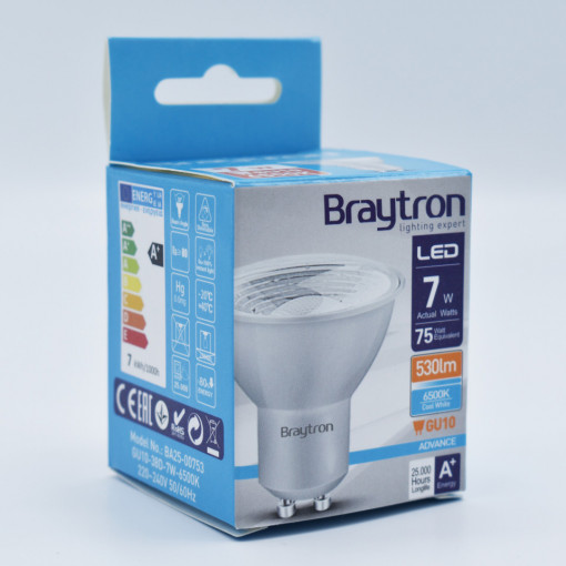 Bec led GU10 7W(75W), 530lm, 38 grade, lumina rece(6500K), clar, Braytron