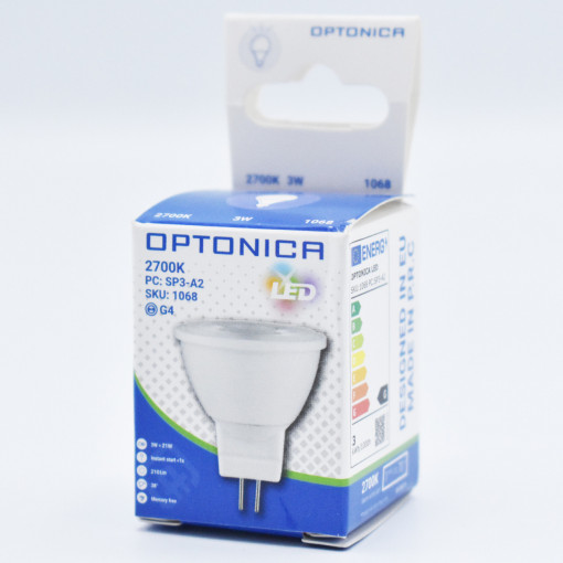 Bec LED MR11 3W(25W) Optonica, DC12V, GU5.3, 210 lm, lumina calda (2700K), clasa energetica G
