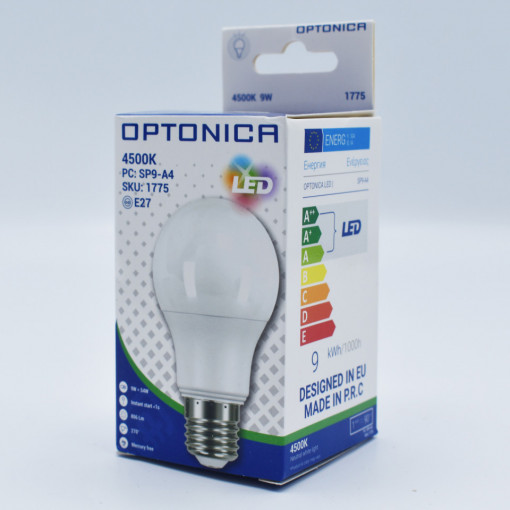 Bec LED Optonica, 9W(54W), E27, A60, 806 lm, lumina neutra (4500K), clasa energetica F