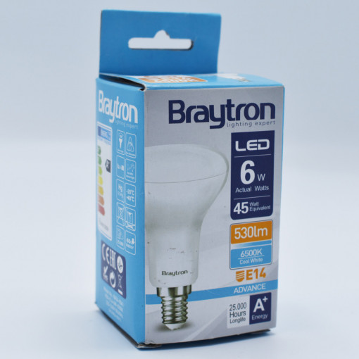 Bec led R50 6W (45W), E14, 530lm, lumina rece (6500K), opal, Braytron