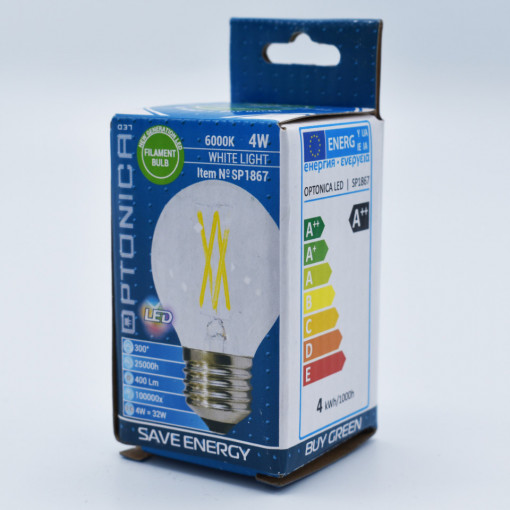 Bec led sferic Vintage filament 4W (32W), E27, G45, 400lm, lumina rece (6000K), clar, Optonica