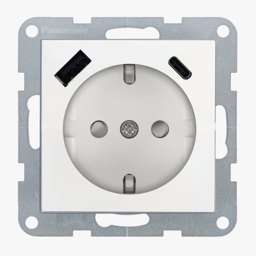 Priza simpla cu impamantare, protectie copii, USB A+C, 16A, IP20, Alb, Panasonic Karre Plus 55
