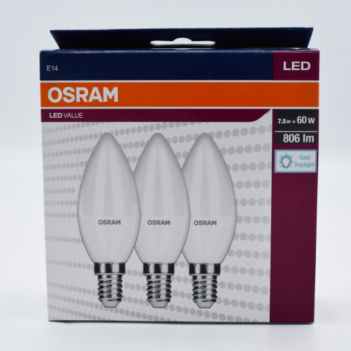 Set 3 becuri led lumanare 7.5W (60W), E14, B60, 806 lm, lumina rece (6500K), opal, Osram