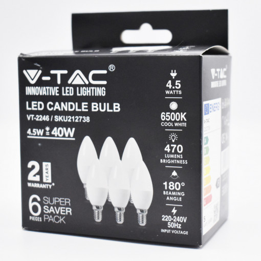 Set 6 becuri LED 4.5W(40W) V-TAC, lumanare, E14, 470 lm, lumina rece (6500K), clasa energetica F