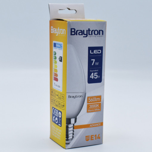 Bec LED 6.5W(45W) Braytron, C37, E14, 560 lm, lumina calda(3000 K), clasa energetica F