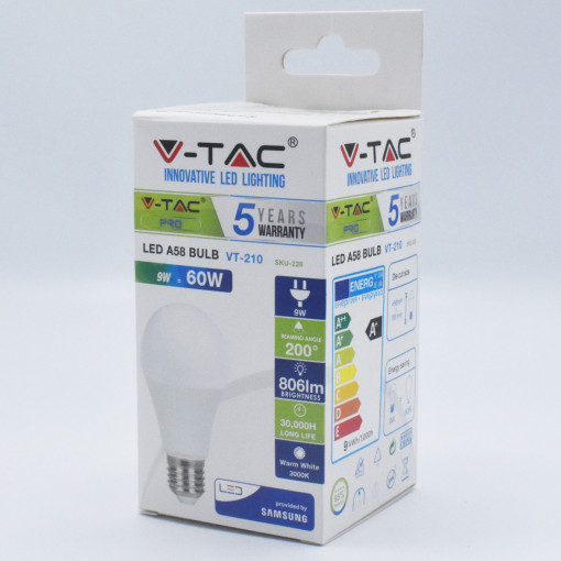 Bec LED chip Samsung 9W(60W) V-TAC, E27, 806 lm, lumina calda (3000K), clasa energetica F