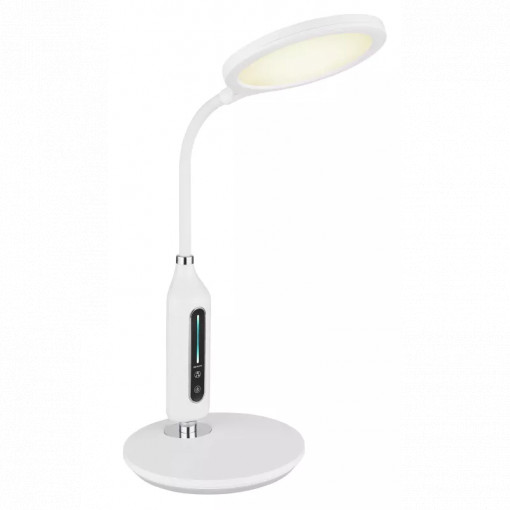 Lampa de birou LED Fruggy 58435B, dimabila, cu intrerupator touch, 9W, 530lm, lumina calda, neutra, rece, alba+crom, IP20, Globo