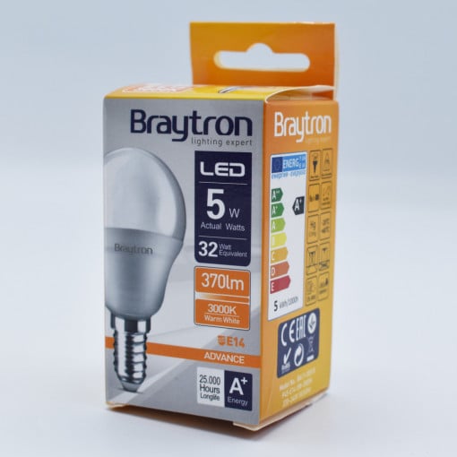 Bec LED 5W(35W) Braytron, P45, E14, 450 lm, lumina calda (3000 K), clasa energetica F