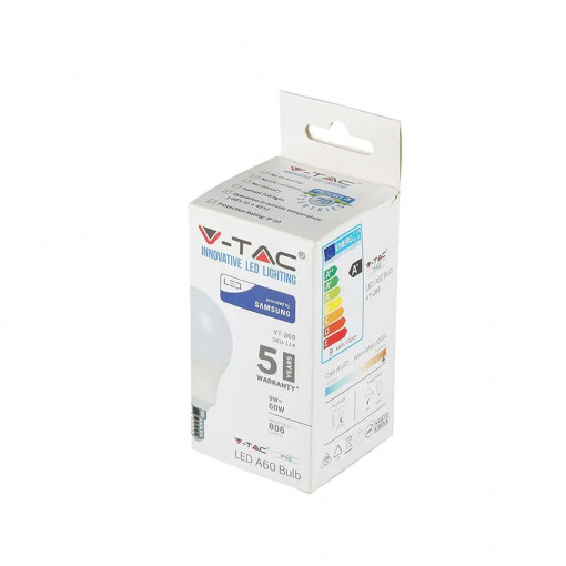 Bec LED 9W(60W) V-TAC, E14, cip Samsung, 806 lm, lumina calda (3000 K), clasa energetica F