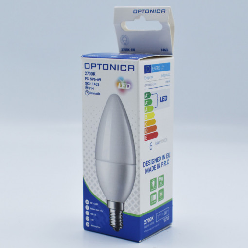 Bec LED lumanare Optonica, 6W(48W), E14, 480 lm, lumina calda (2700K), dimabil, clasa energetica G