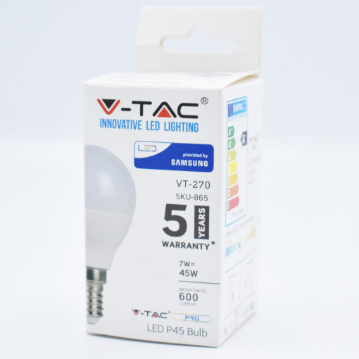 Bec LED sferic 7W(45W) V-TAC, P45, E14, cip Samsung, 600 lm, lumina rece (6400 K), opal, clasa energetica F