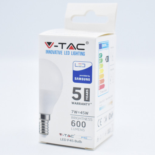 Bec LED sferic P45 7W(45W) V-TAC, E14, 600 lm, lumina calda (3000K), chip Samsung, clasa energetica F