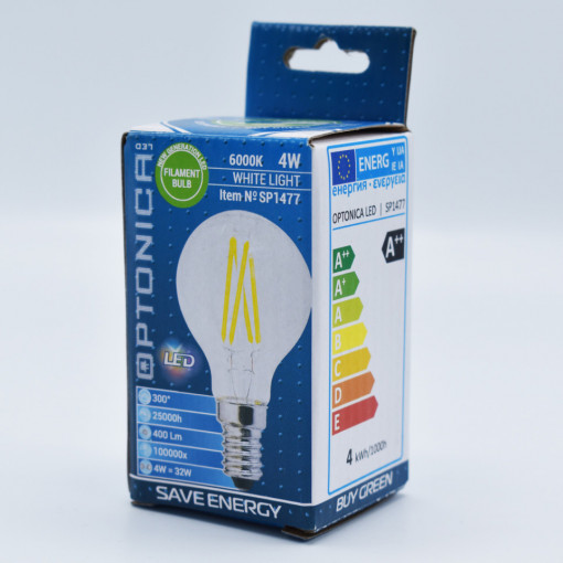 Bec LED sferic Vintage filament Optonica, 4W(32W), E14, G45, 400 lm, lumina rece (6000K), clasa energetica F