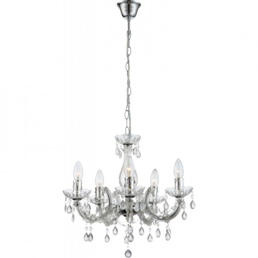 Candelabru transparent,crom, cristale, 5 becuri, dulie E14, 63116-5, Globo
