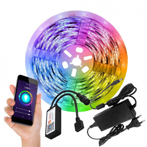 Kit Banda LED 5050 RGB, Smart WIFI, 5 metri(1x5m), pentru exterior, control prin telefon, Tuya Smart,schimbare culori pe muzica, timer, control vocal
