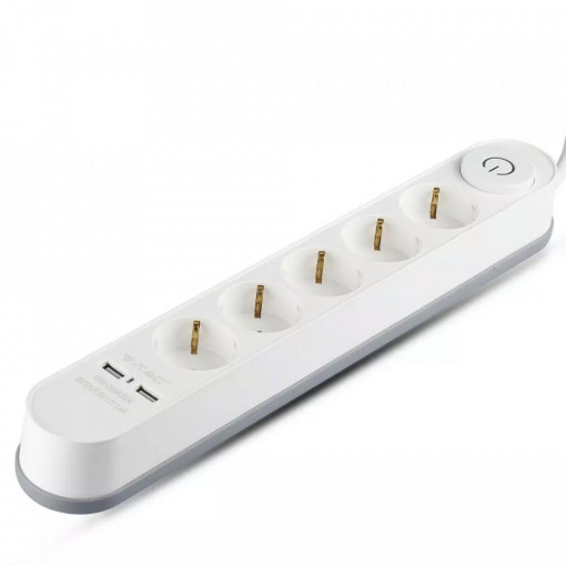 Prelungitor V-TAC ,2 USB 5V 3.4A, cablu 3x1.5mm, 5 prize, 3m, alb