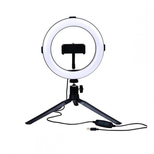 Selfie ring light cu suport de telefon, LED 10W, diametru 260 mm, temperatura de culoare ajustabila, conexiune USB, 10 nivele de intensitate a luminii, Optonica