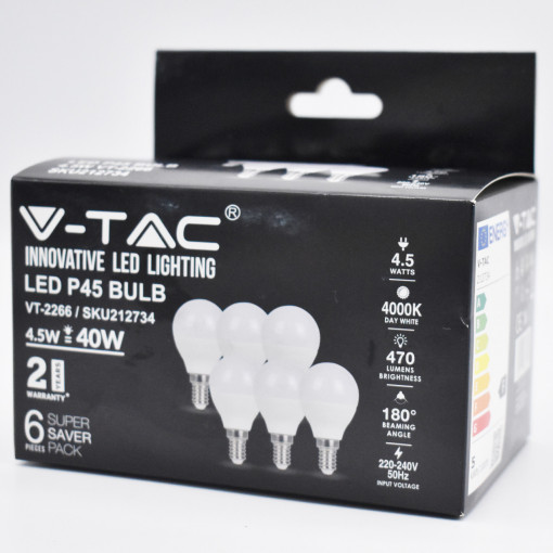 Set 6 becuri LED sferice 4.5W (40W), E14,  P45, 470 lm, lumina neutra (4000K), opal, V-TAC