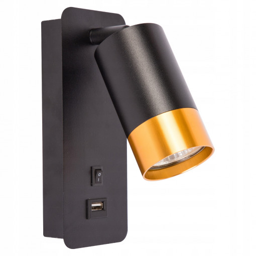 Spot Klemens 1661-LVT, cu intrerupator, USB, orientabil, 1xGU10, negru+auriu, IP20, Masterled
