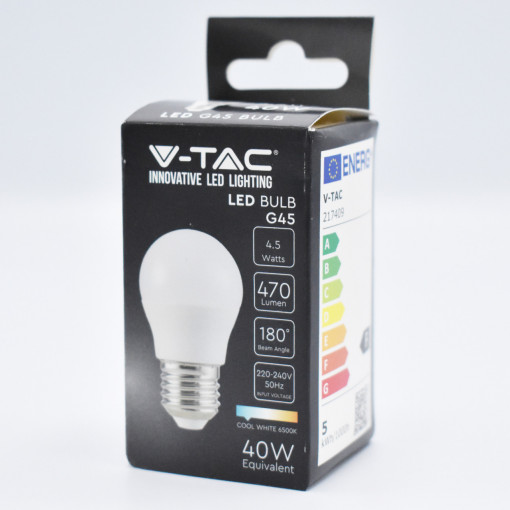 Bec LED 4.5W(40W) V-TAC, G45, E27, 470 lm, lumina rece (6500K), clasa energetica F