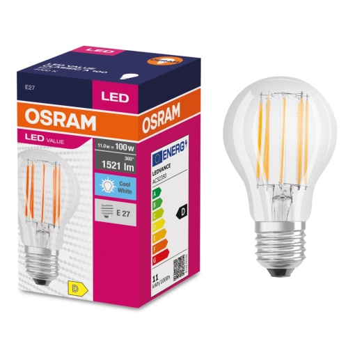 Bec led Vintage filament 11W (100W), E27, A100, 1521lm, lumina neutra(4000K), clar, Osram