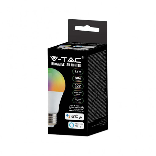 Bec Smart LED 8.5W V-TAC, RGB+CCT(2700-6500K), dulie E27, compatibil Alexa/Google
