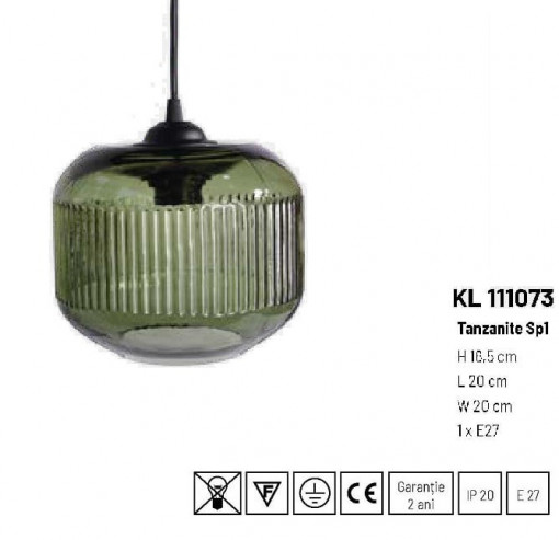 Pendul Tanzanite, 1 bec, dulie E27, verde, metal, sticla, Klausen