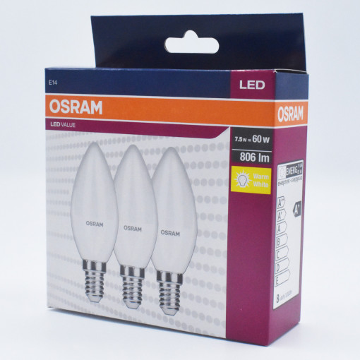 Set 3 becuri LED 7.5W (60W), E14, 806 lm, lumina calda (2700K), Osram