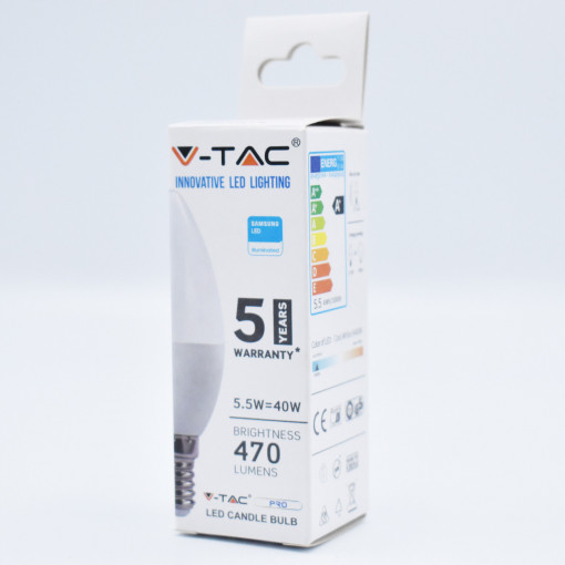 Bec LED lumanare 5.5W(40W) V-TAC, chip Samsung, E14, C37, 470 lm, lumina rece (6400K), clasa energetica G