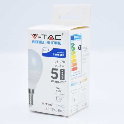 Bec LED sferic 7W(45W) V-TAC, P45, E14, 600 lm, lumina neutra (4000K), cip Samsung, clasa energetica F