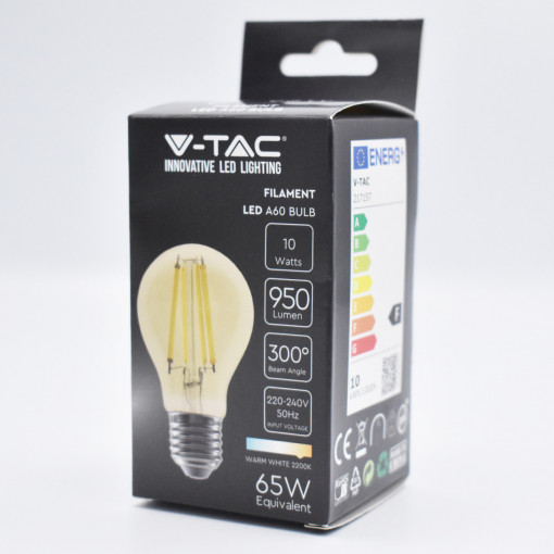 Bec LED Vintage filament 10W(65W) V-TAC, E27, 950 lm, lumina calda (2200K), clasa energetica F