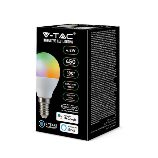 Bec Smart LED 4.8W V-TAC, RGB+CCT(2700-6500K), dulie E14, sferic, compatibil Alexa/Google