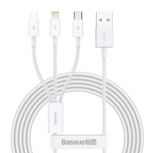 Cablu USB 3in1, Lightning/USB-C/MicroUSB, 1.2m, 3.5A, alb, Baseus